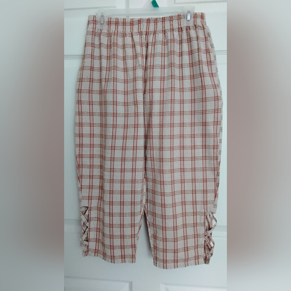 Womens Straits Plaid Cropped Pants in Cream and Red Orange